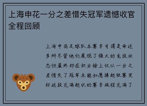 上海申花一分之差惜失冠军遗憾收官全程回顾