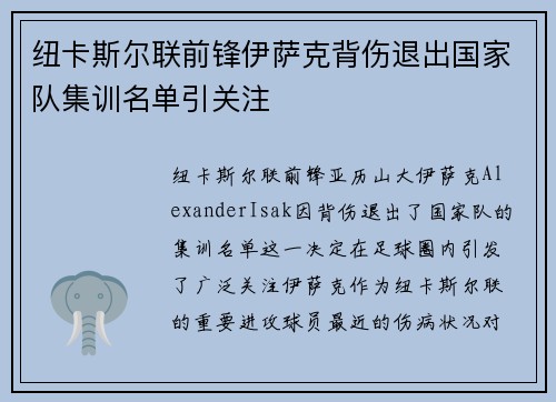 纽卡斯尔联前锋伊萨克背伤退出国家队集训名单引关注