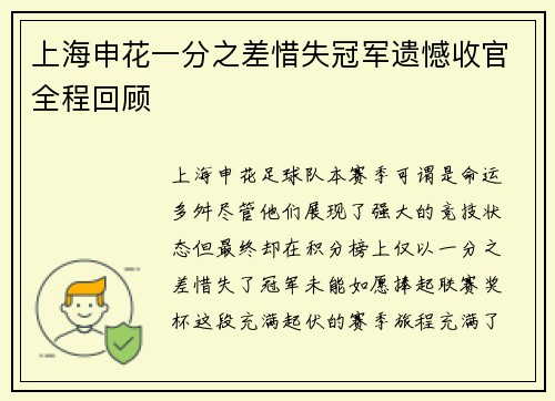 上海申花一分之差惜失冠军遗憾收官全程回顾