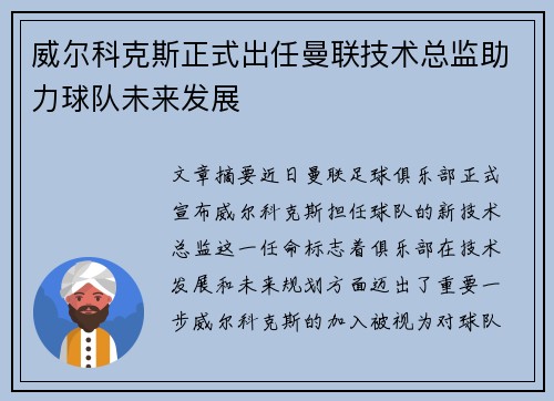 威尔科克斯正式出任曼联技术总监助力球队未来发展